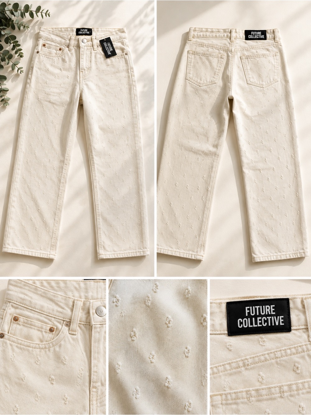 Future Collective Cream Wide-Leg Embroidered Jeans
